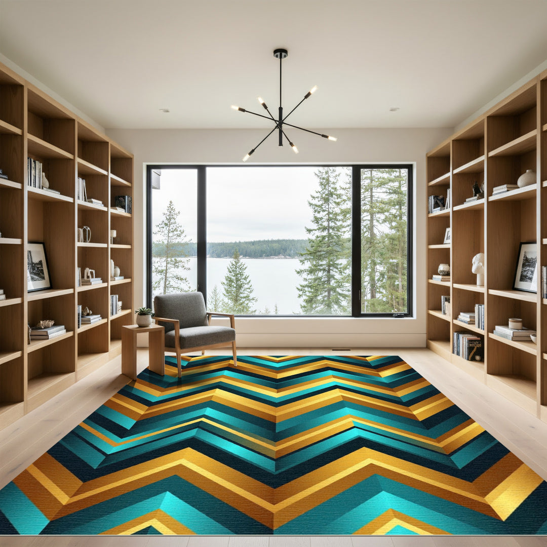 Geometric Teal Gold Chevron Rug