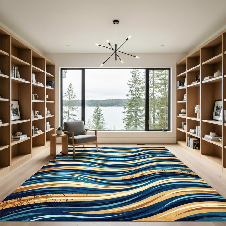 Blue Gold Wavy Lines Abstract Rug