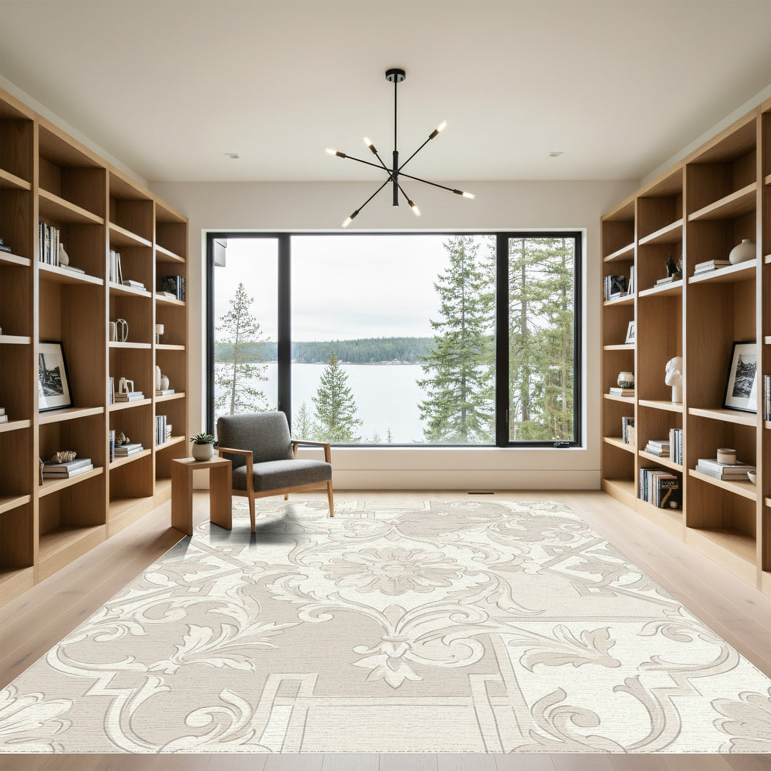 Elegant Beige Floral Scroll Medallion Rug