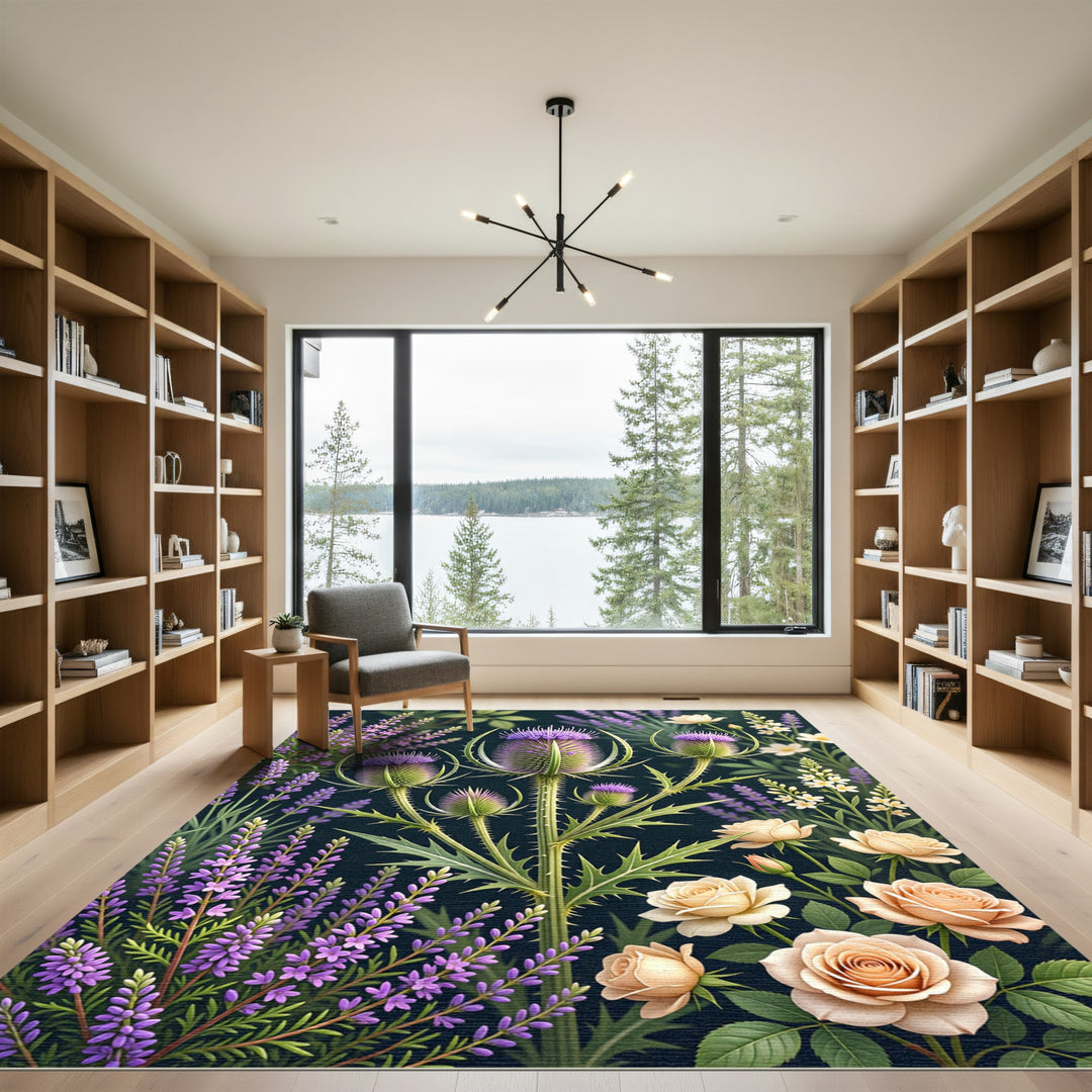 Whimsical Purple Thistle Rose Garden Rug