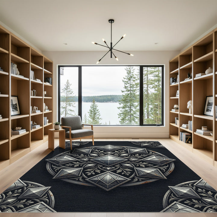 Ornate Black And Silver Medallion Rug