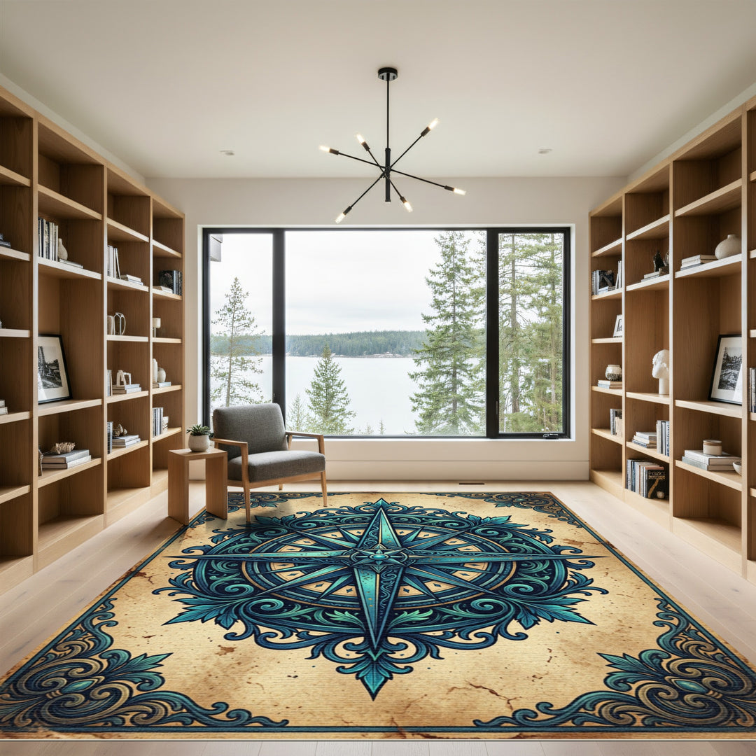 Ornate Blue Compass Rose Accents Rug