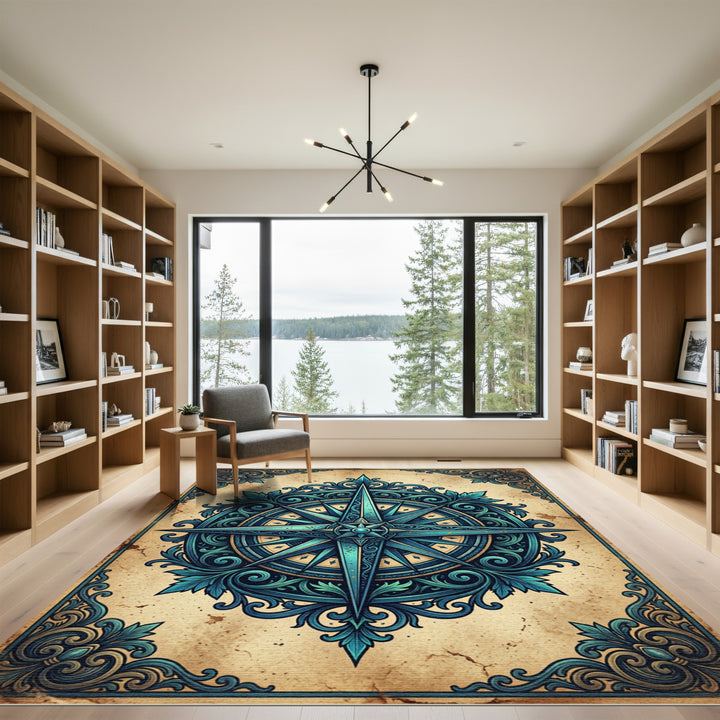 Ornate Blue Compass Rose Accents Rug