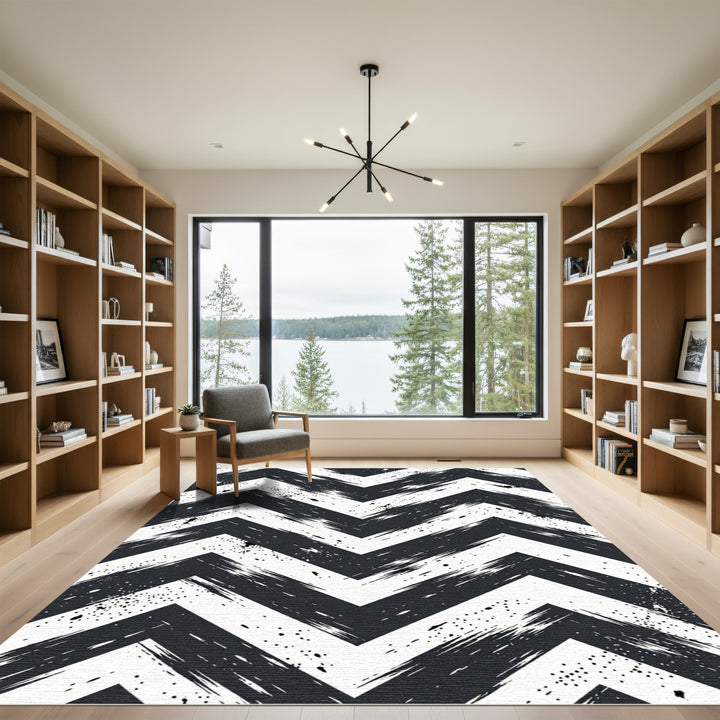 Black White Distressed Chevron Rug