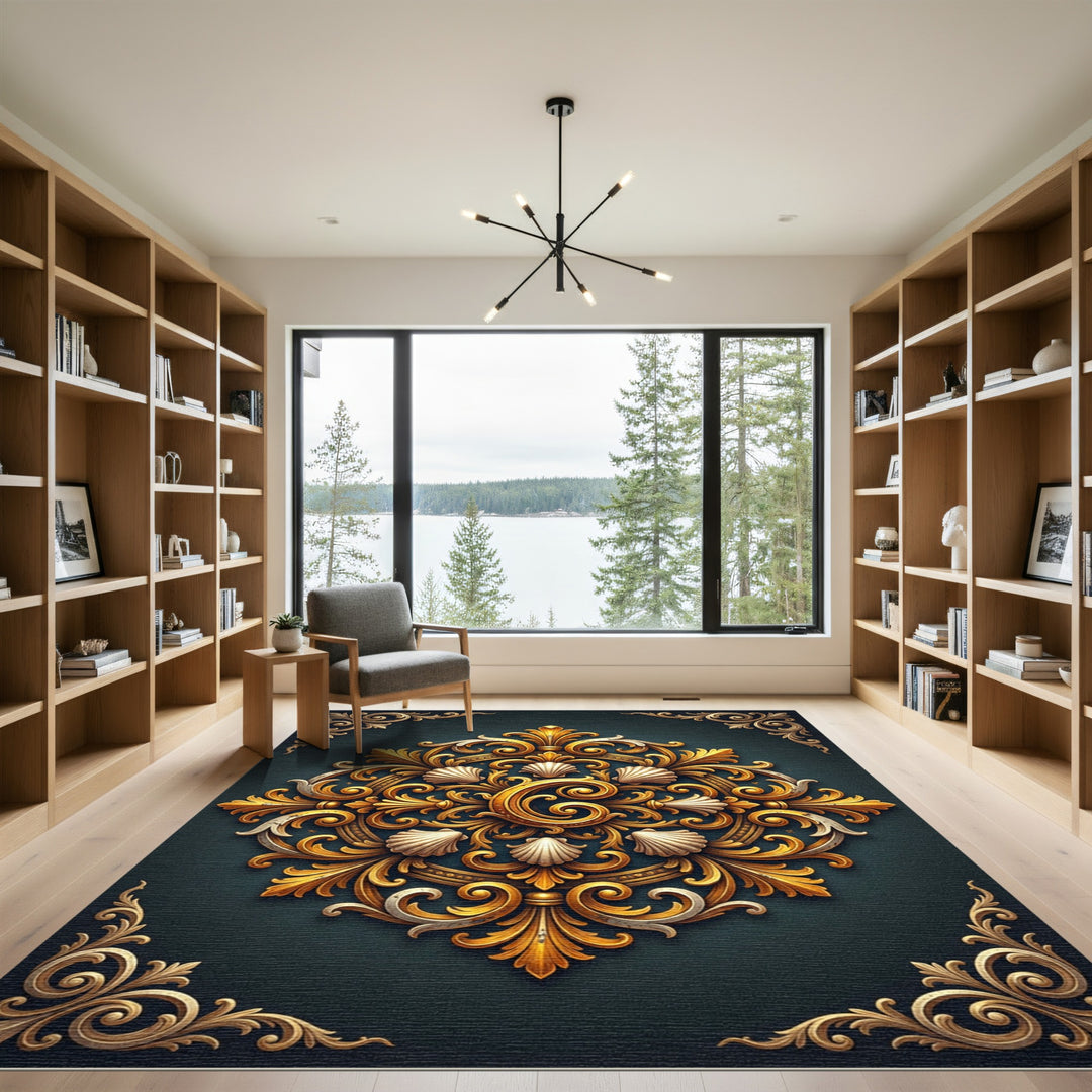 Ornate Gold Scallop Mandala Rug