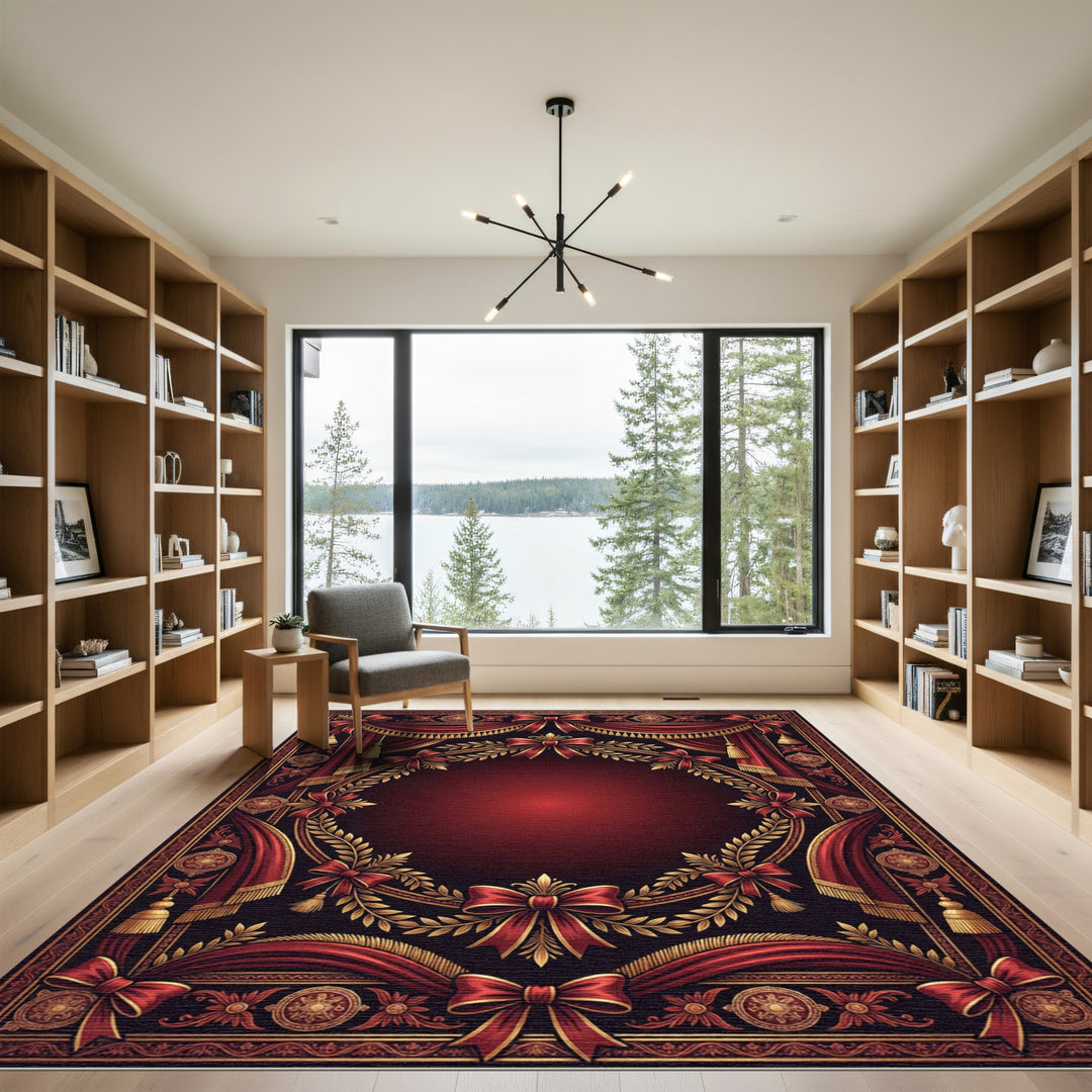 Ornate Red Gold Laurel Wreath Rug