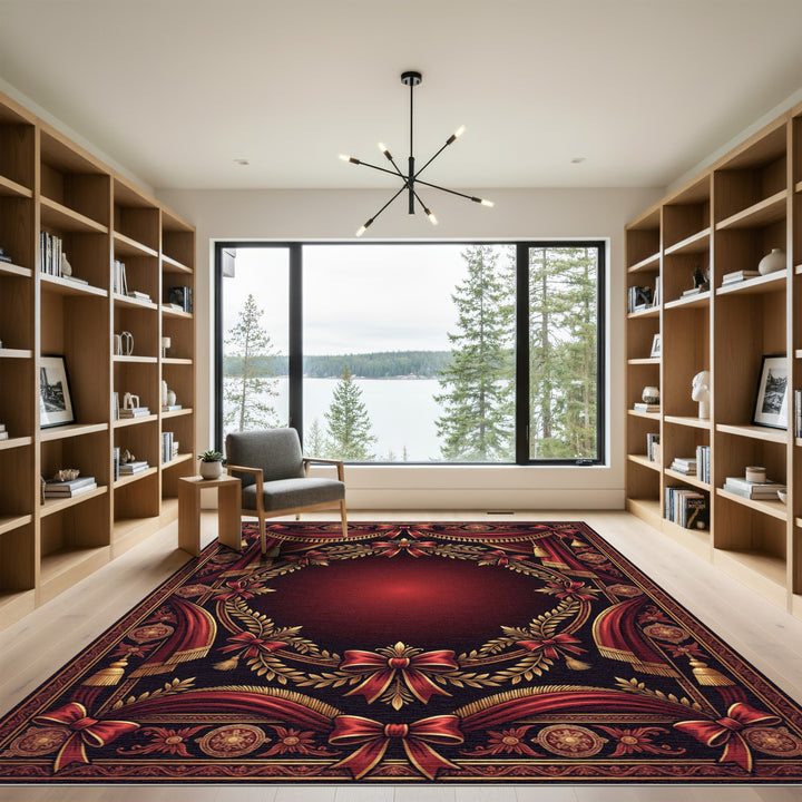 Ornate Red Gold Laurel Wreath Rug