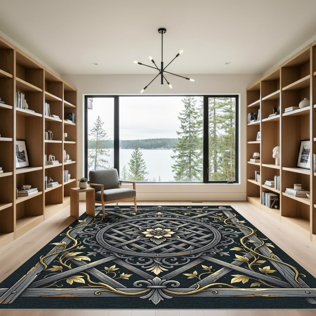 Ornate Grey Gold Floral Lattice Rug