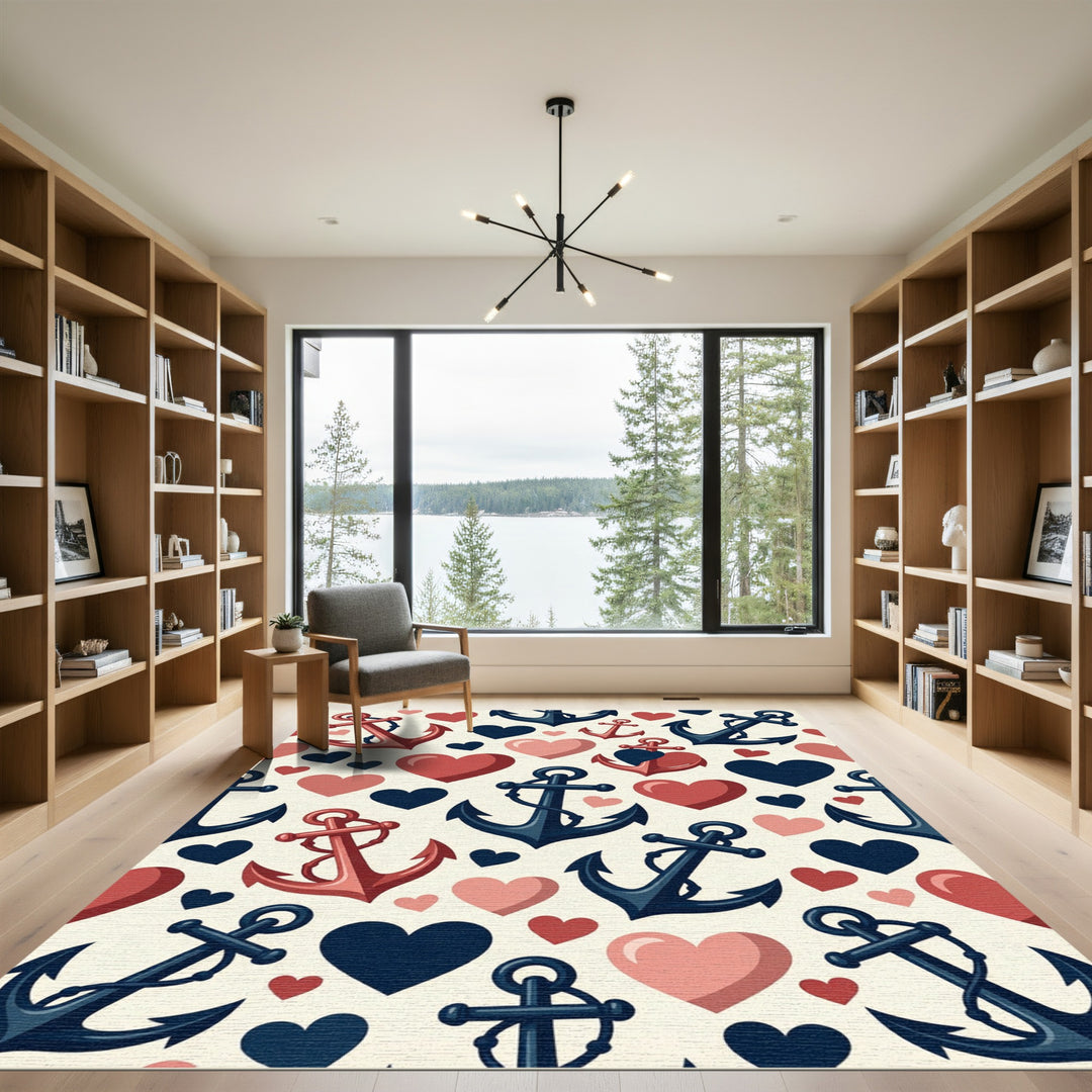 Nautical Red Navy Heart Anchor Repeat Rug