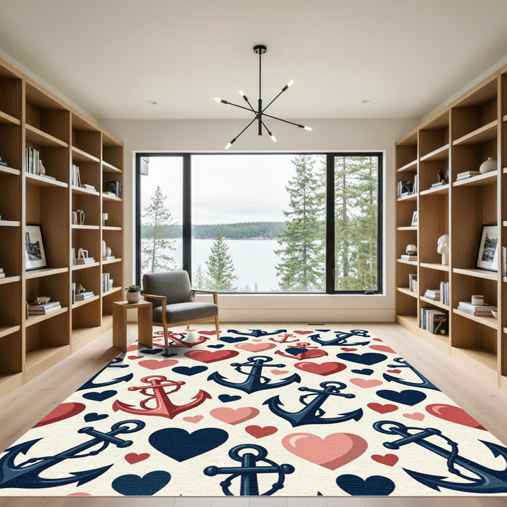 Nautical Red Navy Heart Anchor Repeat Rug