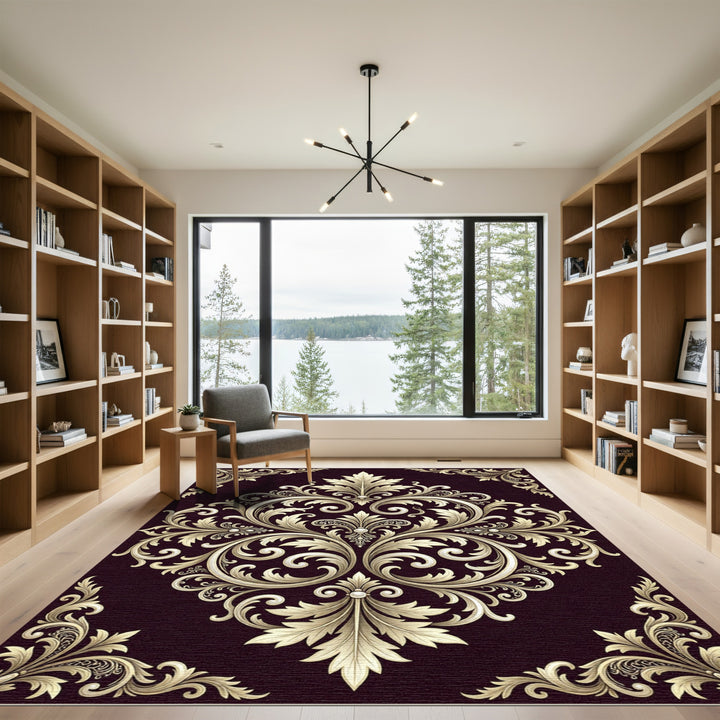 Gilded Gold Acanthus Leaf Damask Rug