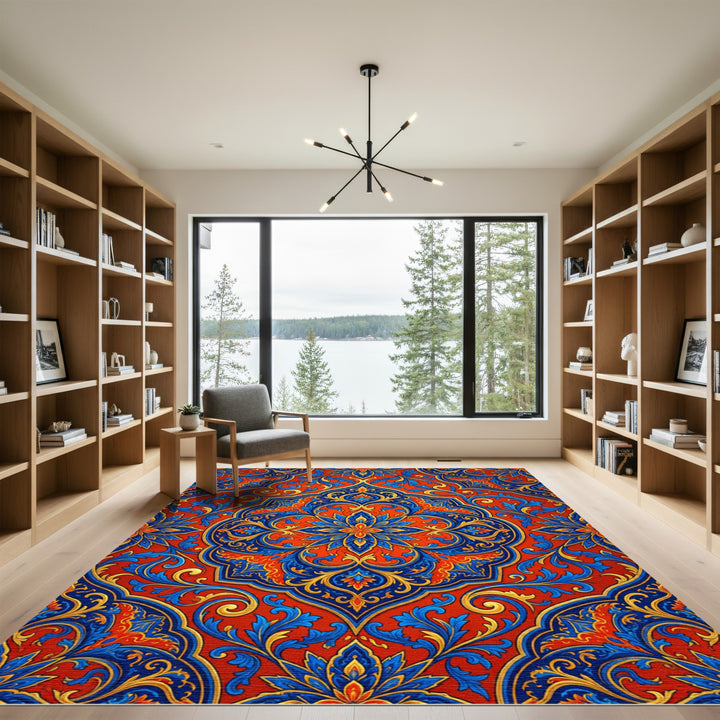 Ornate Sapphire Red Gold Medallion Rug