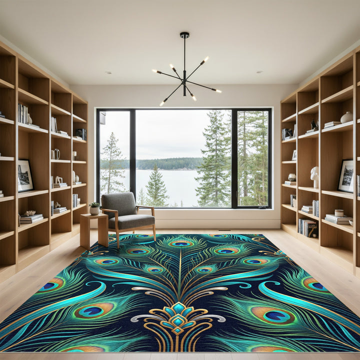 Emerald Peacock Feather Art Deco Rug