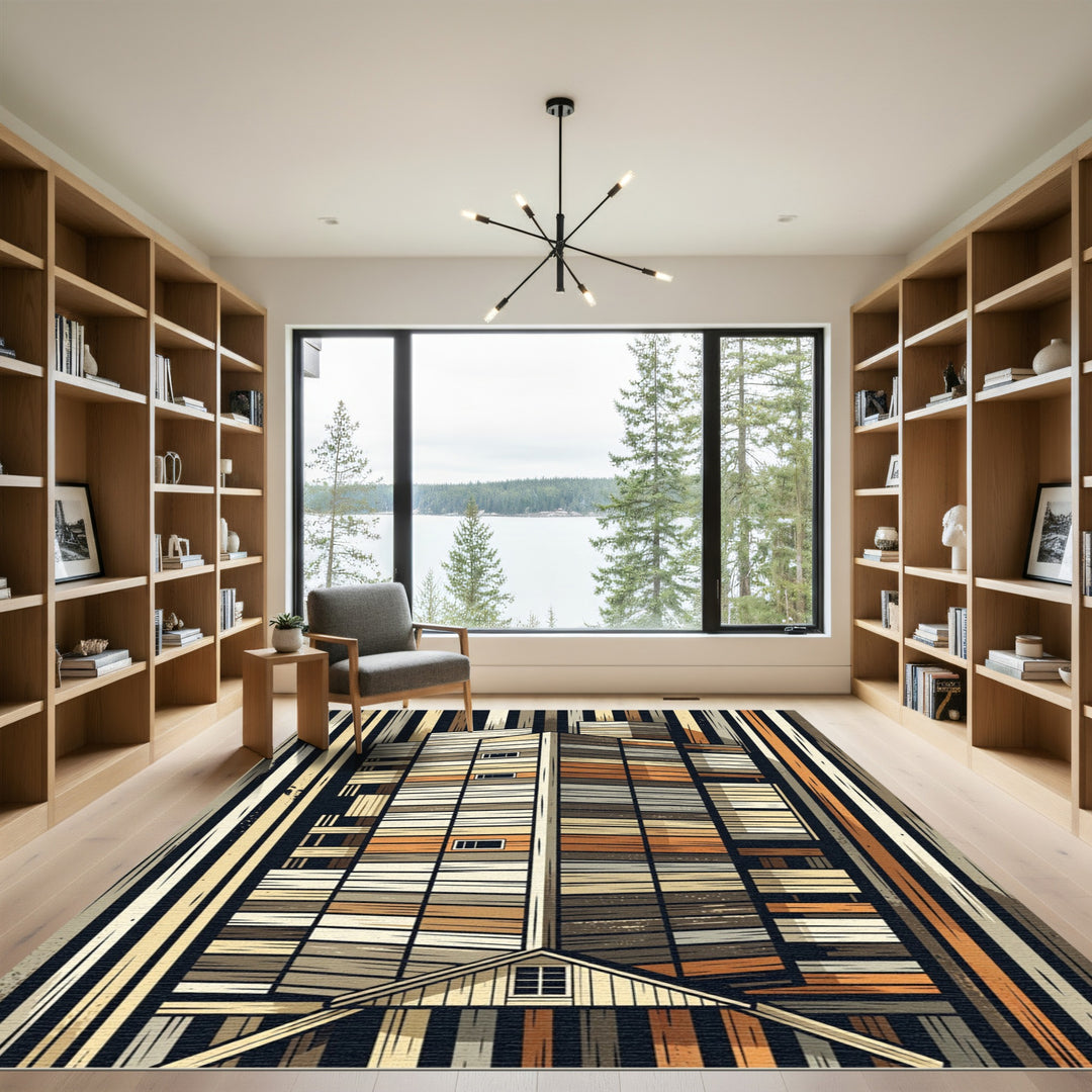 Modern Architectural Orange Wood Plank Rug