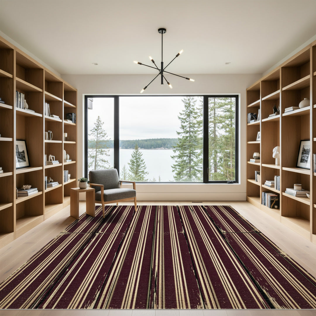 Distressed Burgundy Cream Vertical Stripe Rug