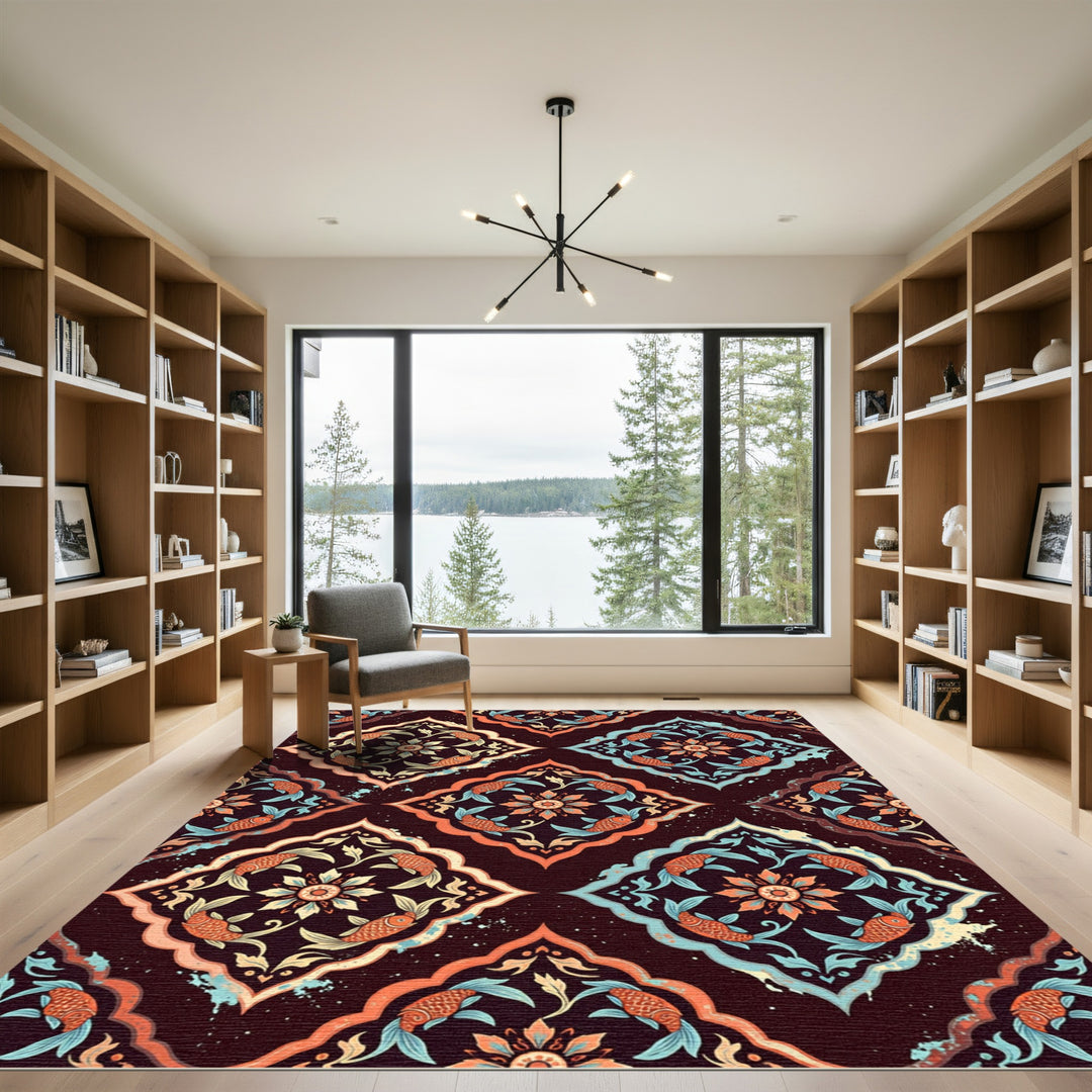 Ornate Orange Fish Floral Medallion Rug