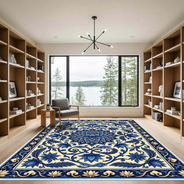 Azure Blue Floral Medallion Border Rug