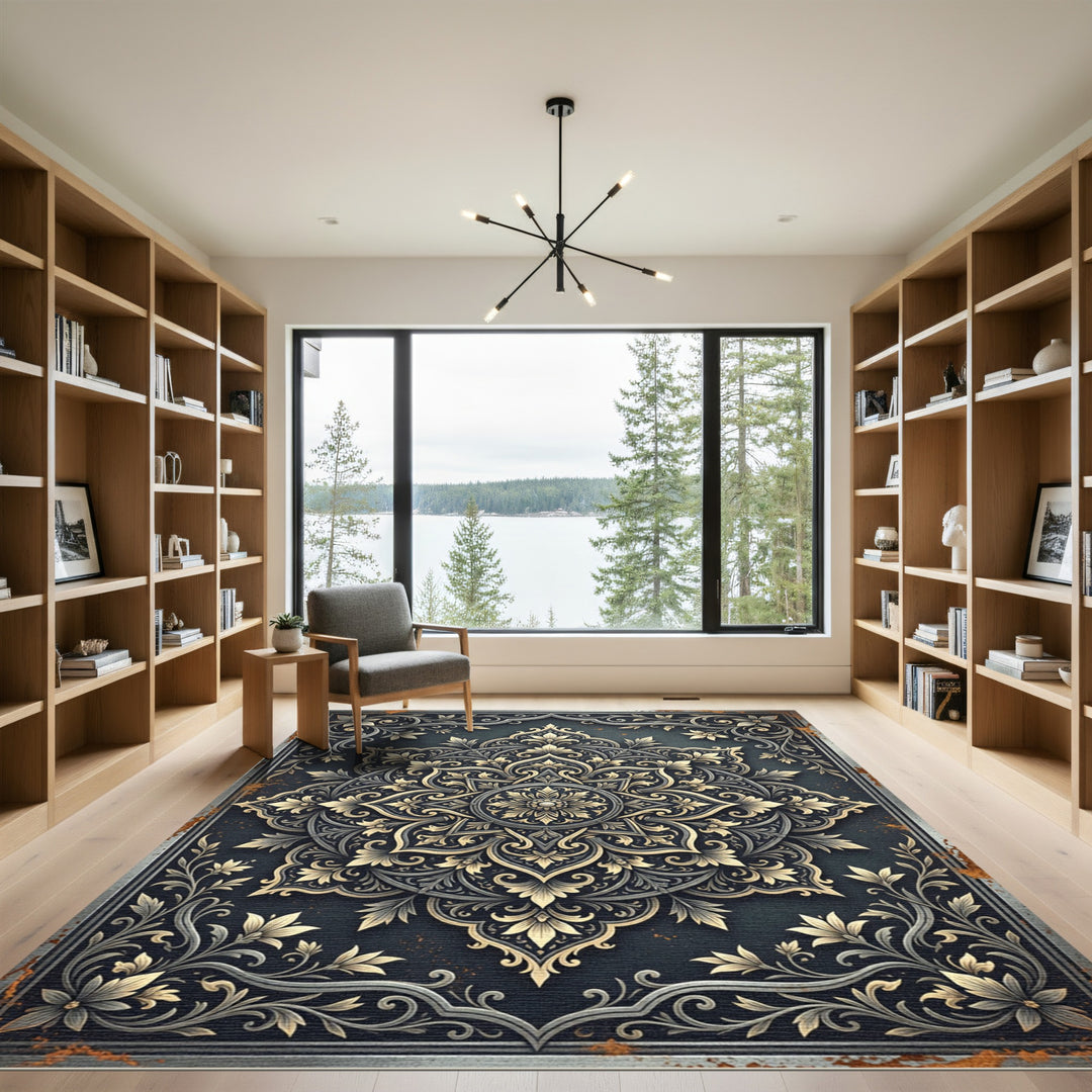 Ornate Golden Mandala Floral Rug