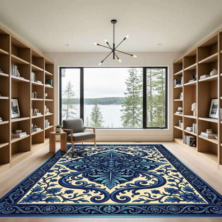 Rich Blue Floral Medallion Border Rug