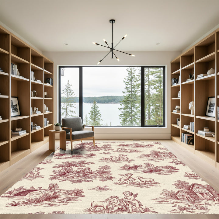 Romantic Cherubs Red Toile Scene Rug