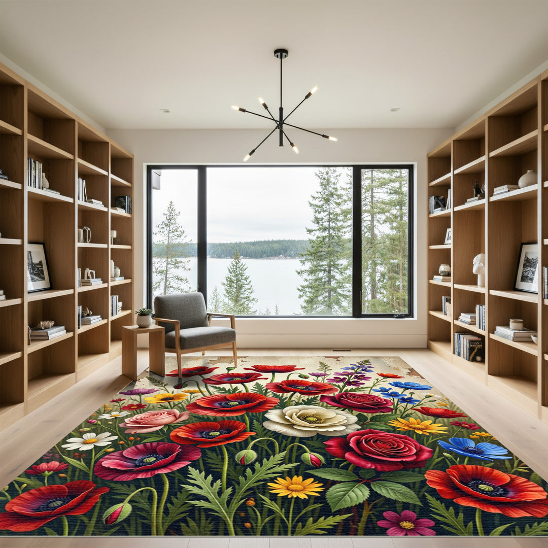 Vibrant Red Poppy Garden Medley Rug