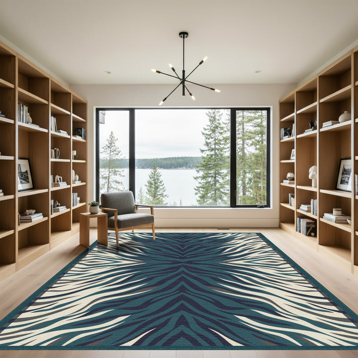 Deep Teal Zebra Stripe Symmetry Rug