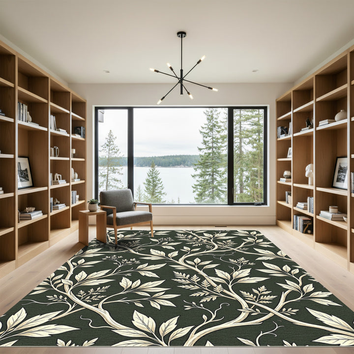 Light Beige Leafy Vines Dark Green Rug
