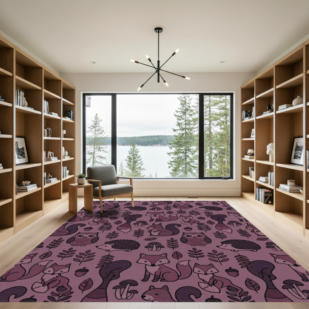 Woodland Creatures Fox Owl Hedgehog Mushrooms Rug