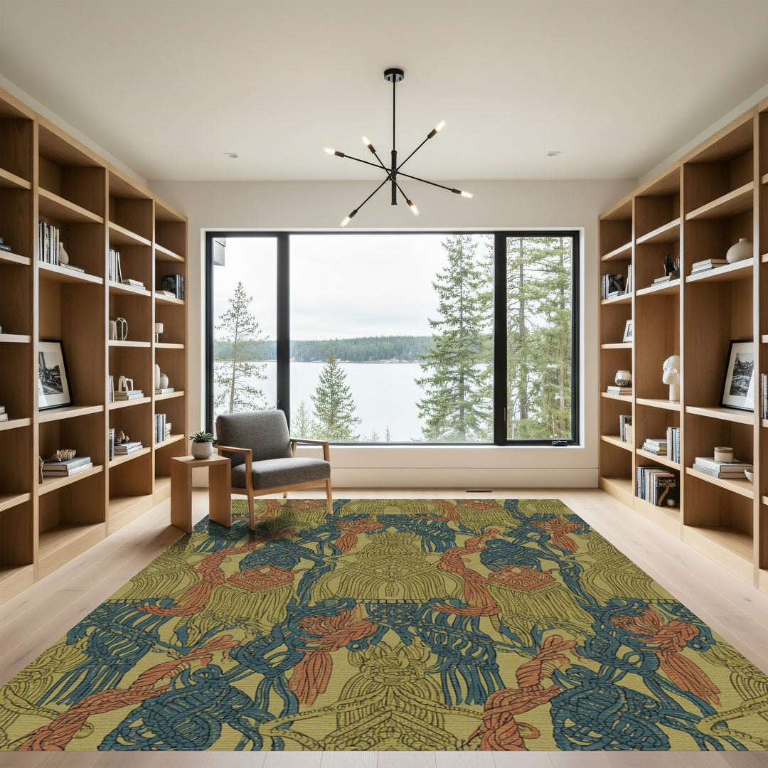 Olive Blue Coral Macrame Tassels Rug