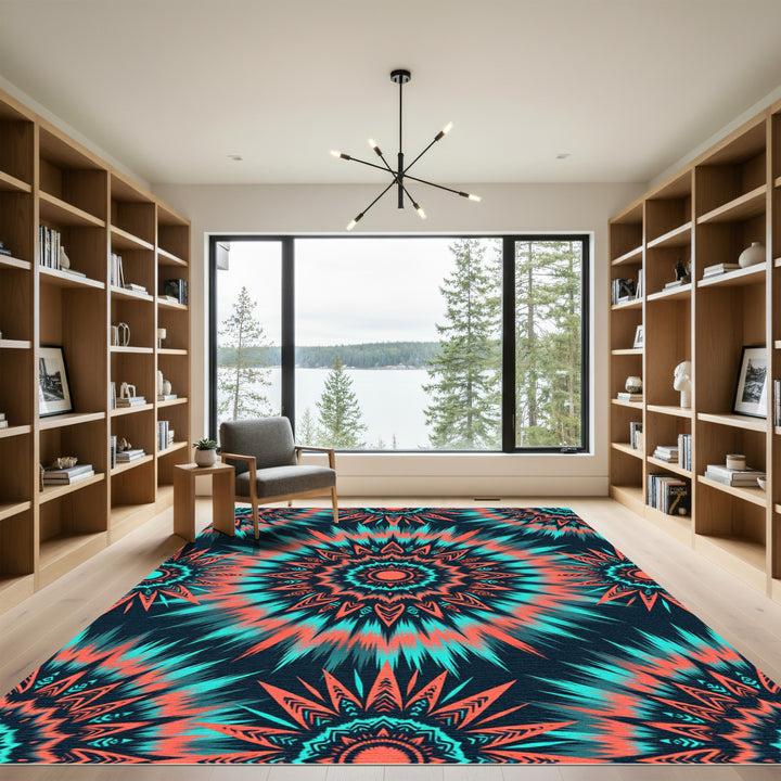 Coral Teal Radial Burst Rug