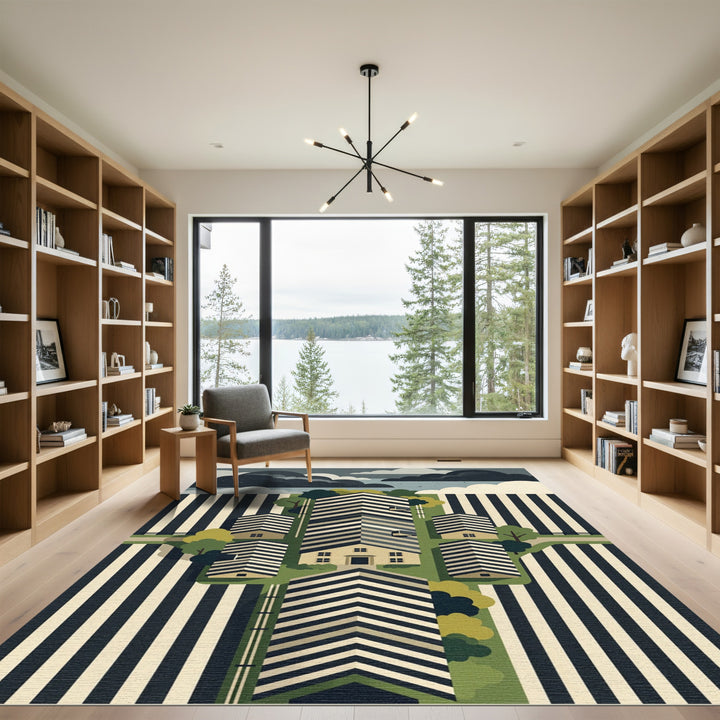 Black White Striped Geometric Houses Rug