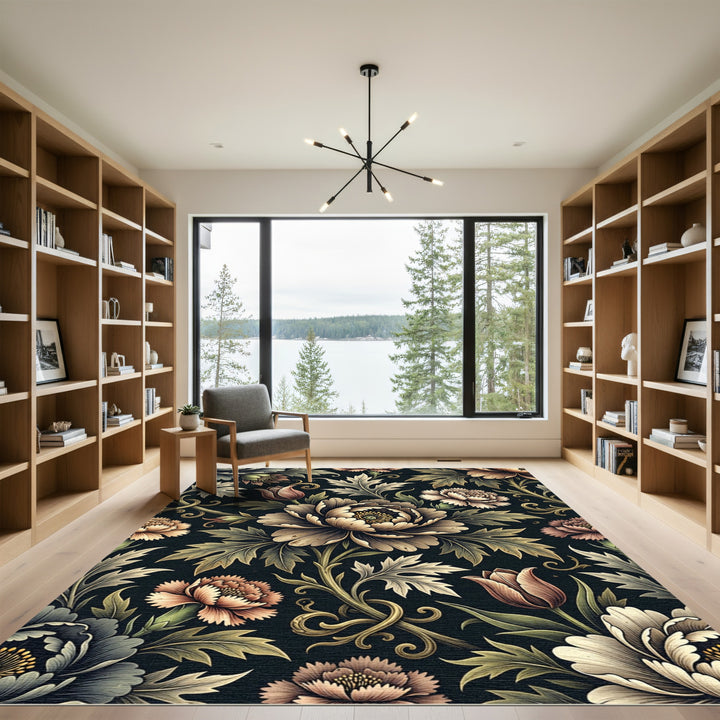 Dark Floral Meadow Botanical Scroll Rug