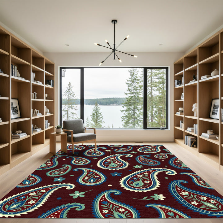 Deep Burgundy Paisley Floral Art Rug
