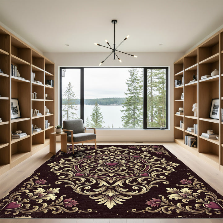 Ornate Burgundy Heart Damask Rug