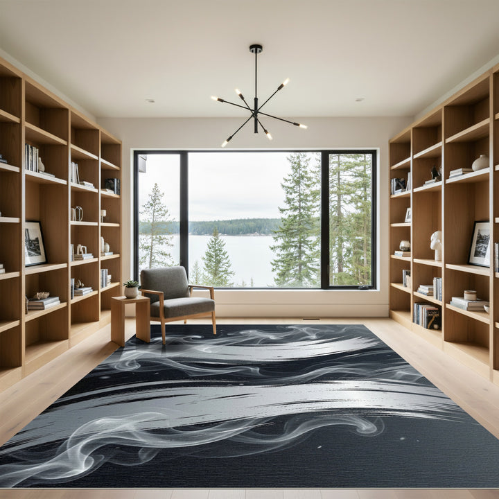 Abstract Smoke Swirl Silver Brushstroke Rug