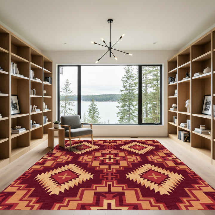 Deep Red Geometric Diamond Sunburst Rug