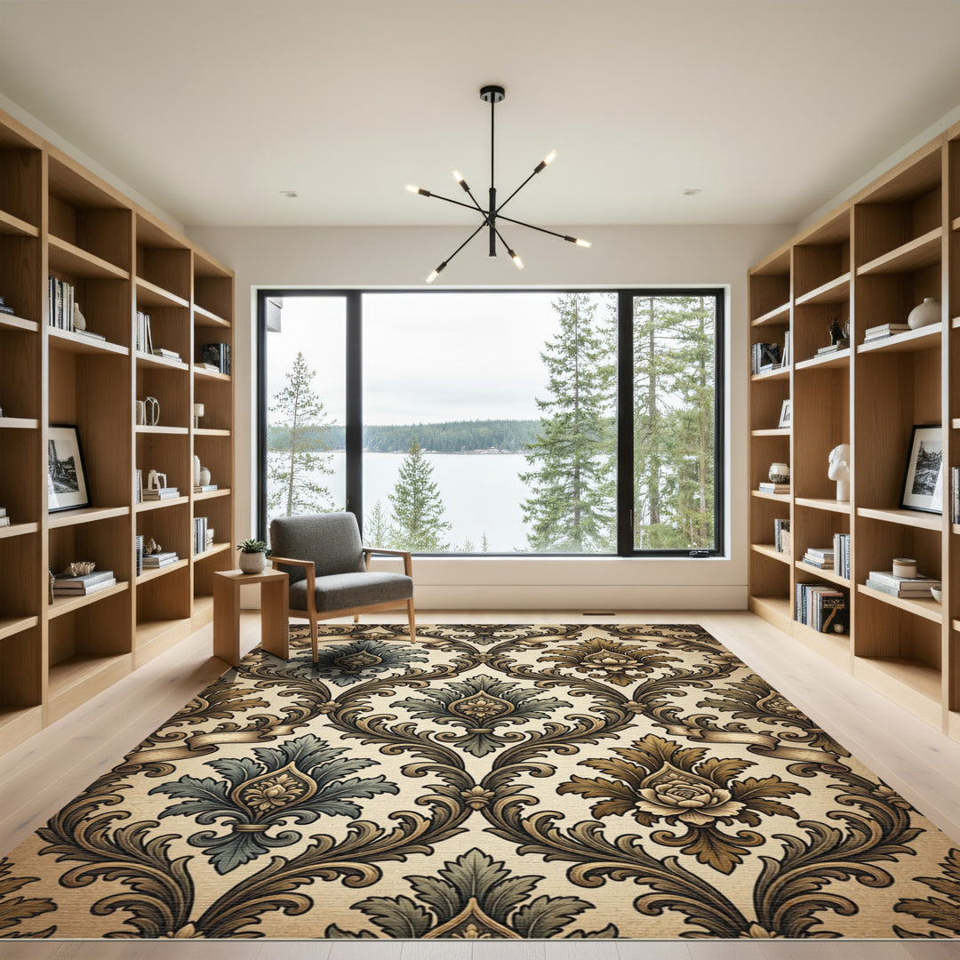 Elegant Gold and Teal Damask Scroll Rug