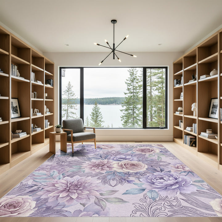 Soft Lavender Floral Scroll Artwork Rug