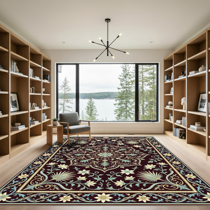 Elegant Cream Blue Floral Medallion Rug