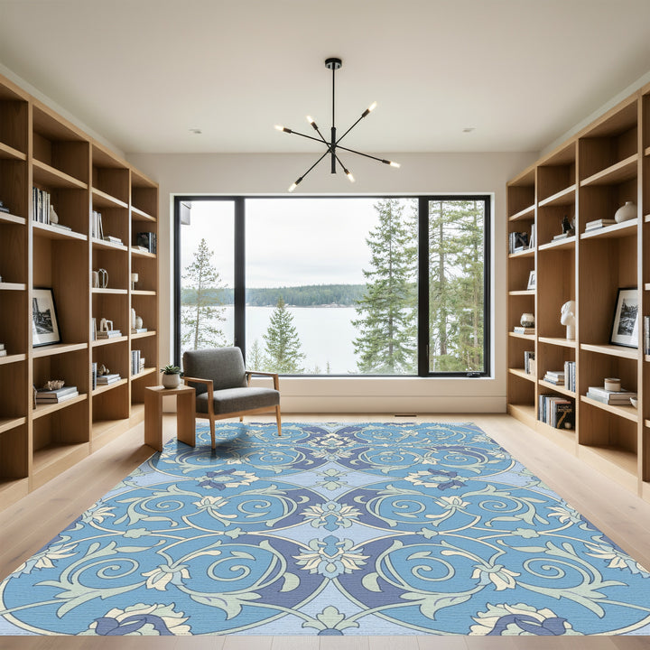 Serene Blue Floral Scroll Medallion Rug