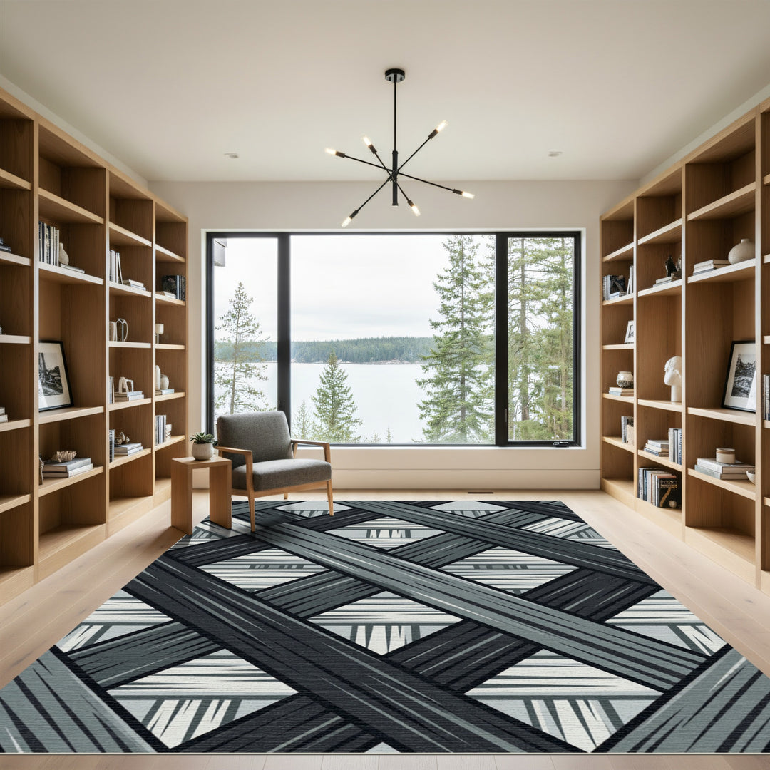 Woven Dark Gray Geometric Lattice Rug