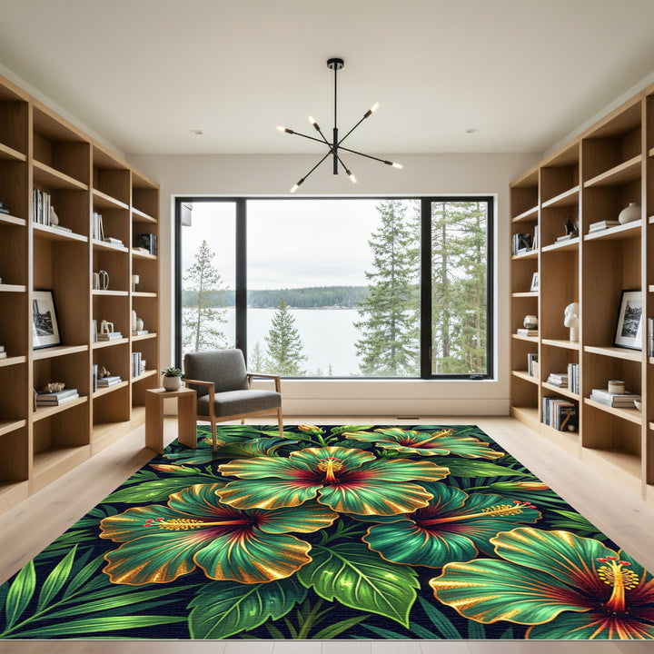 Emerald Gold Hibiscus Tropical Foliage Rug