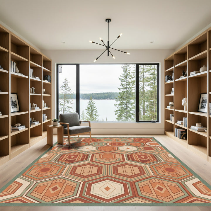 Terracotta Sage Hexagon Geometric Layers Rug