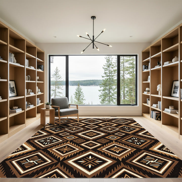 Earthy Brown Geometric Diamond Medallion Rug