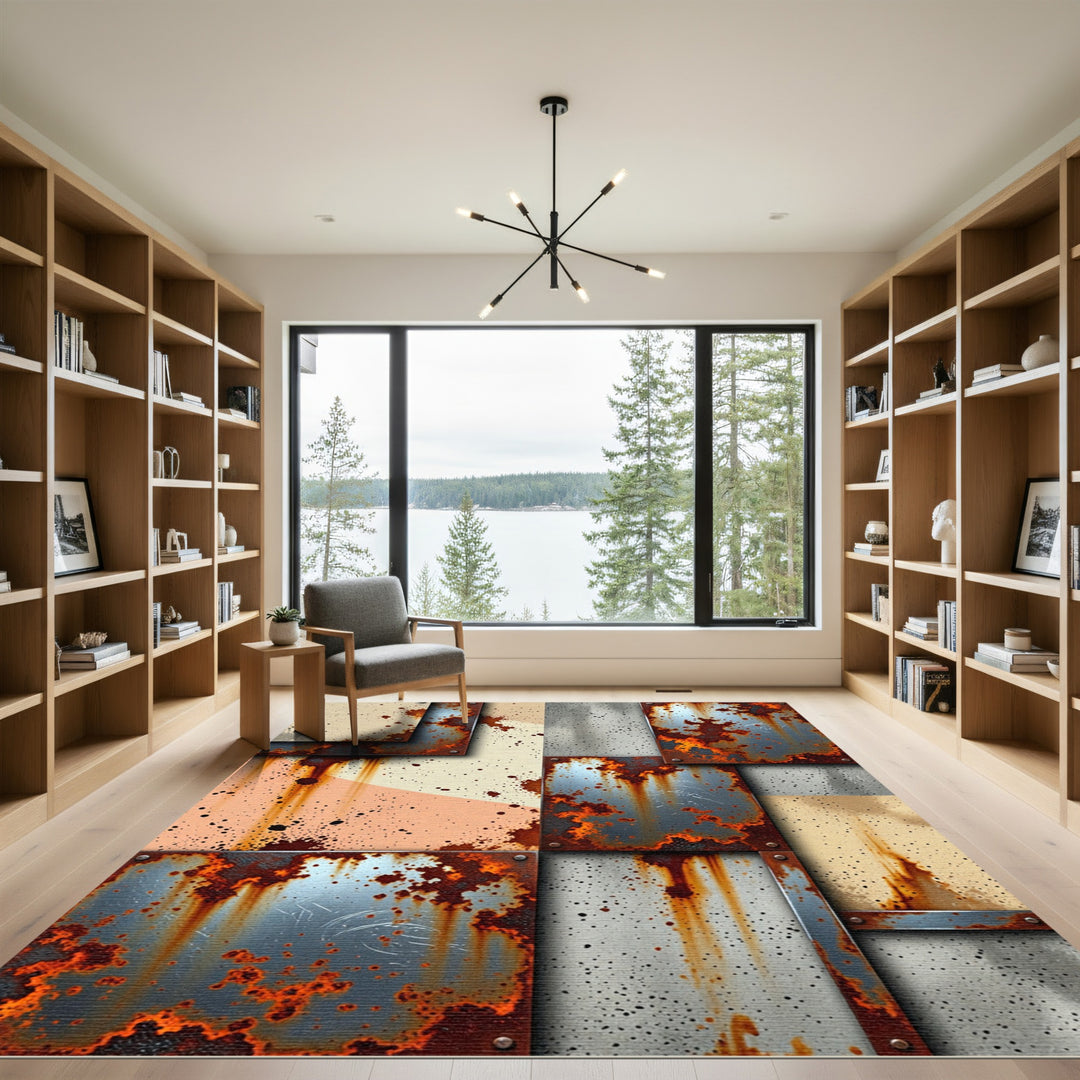Rusty Metal Panel Splatter Collage Rug