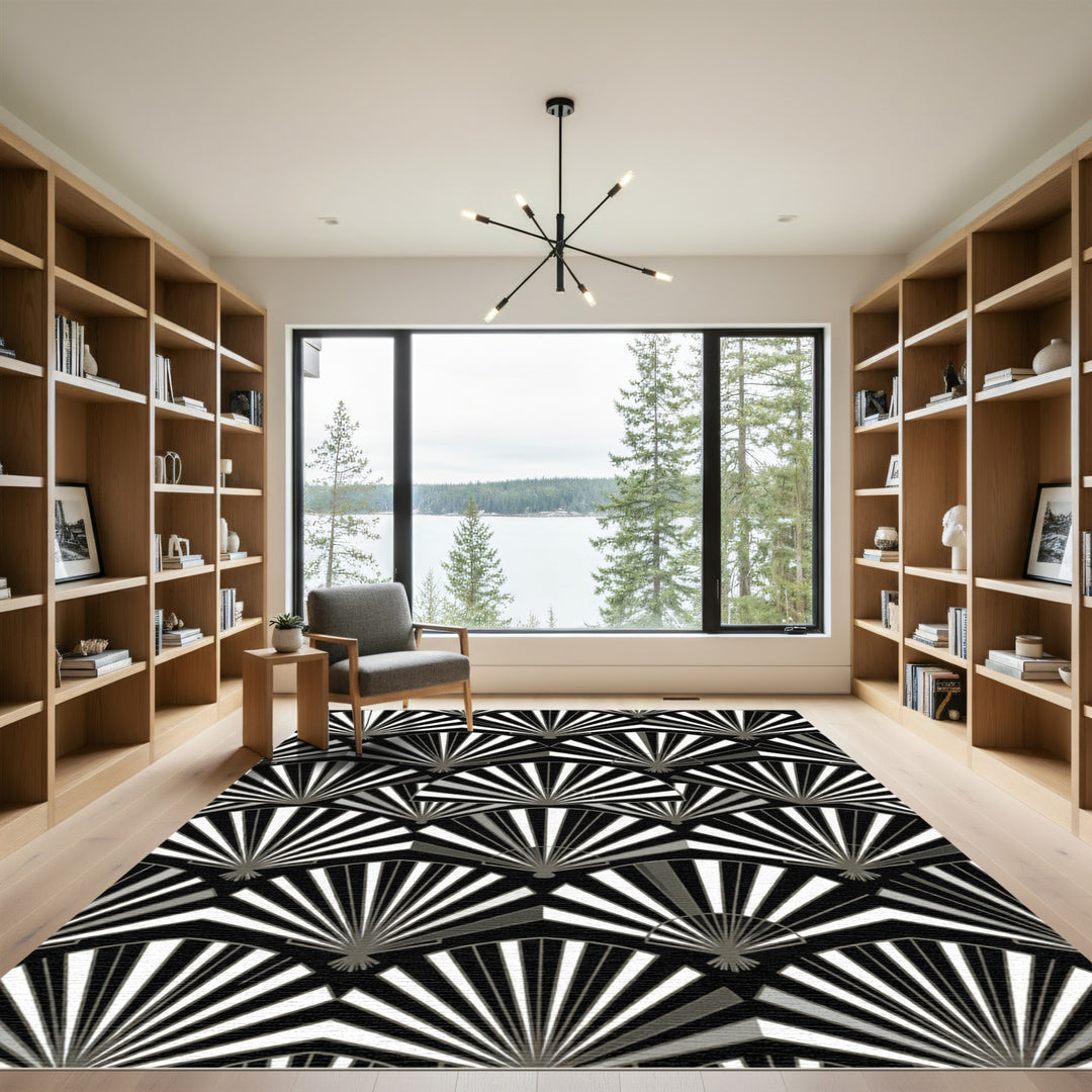 Black White Gray Fan Radiance Rug