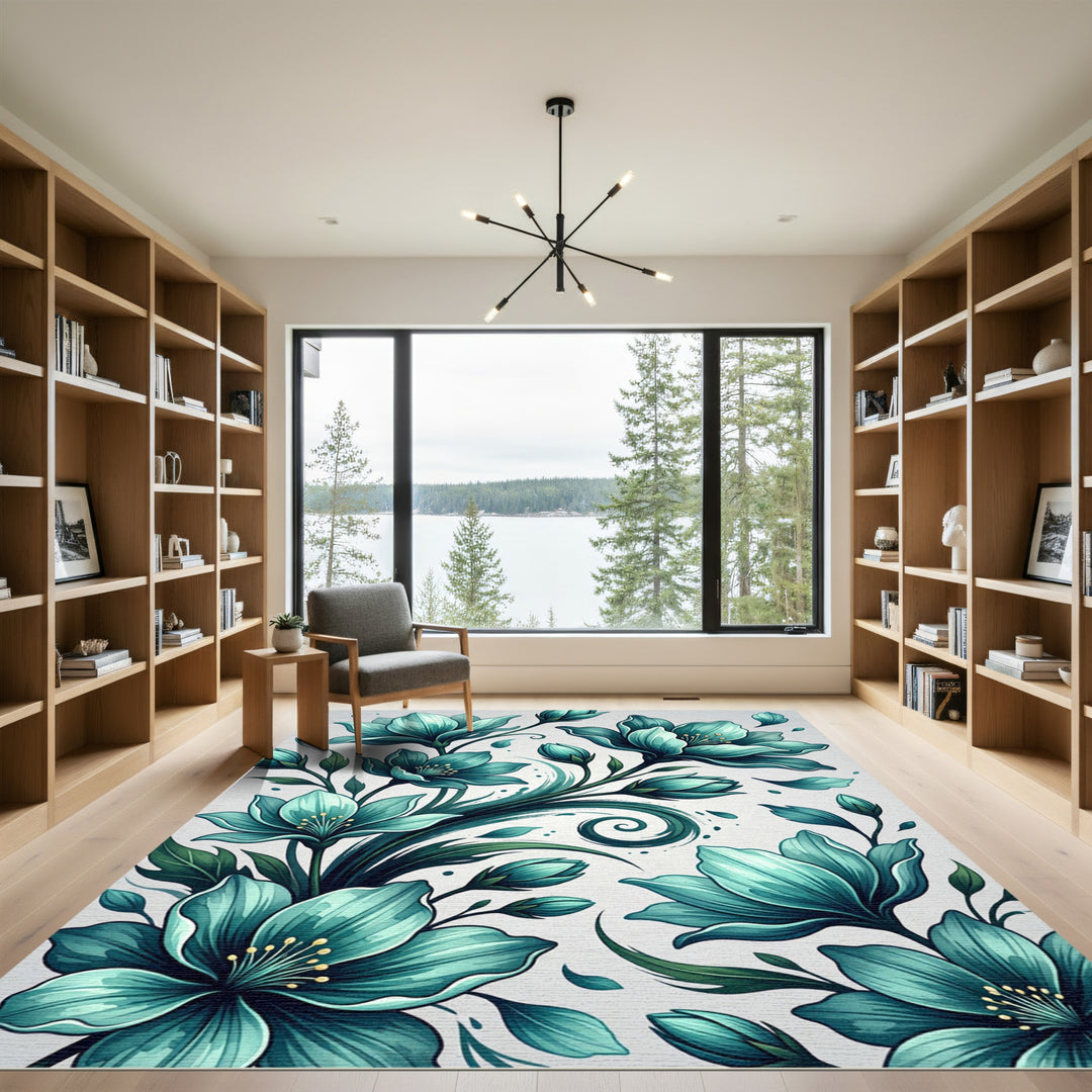 Teal Magnolia Blossom Area Rug