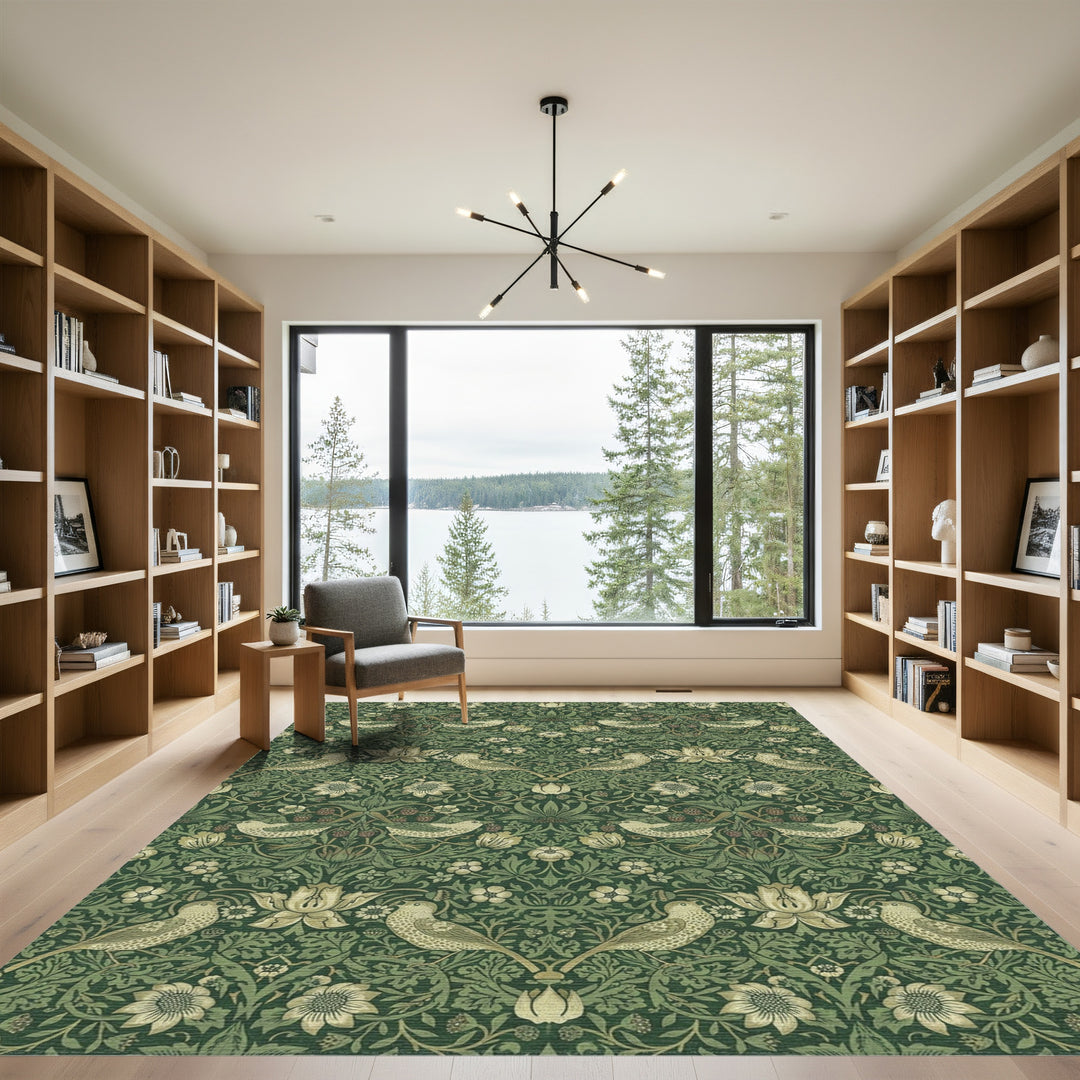 Emerald Woodland Bird Strawberry Garden Rug