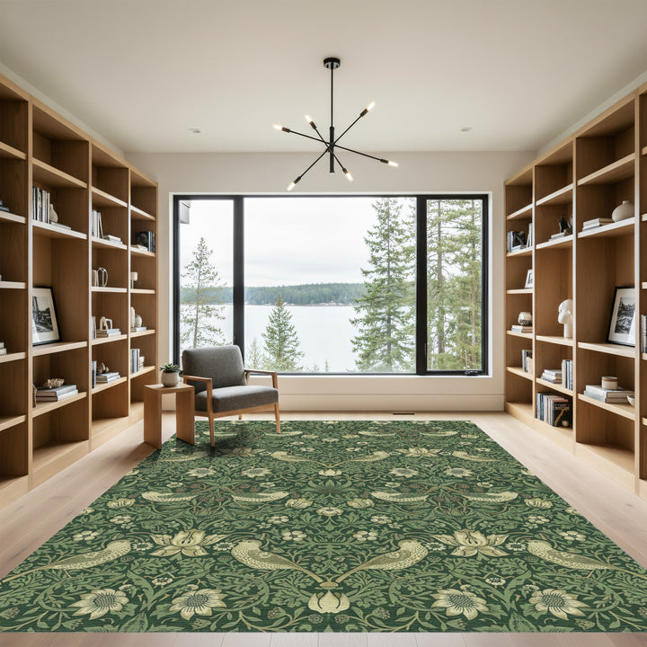 Emerald Woodland Bird Strawberry Garden Rug