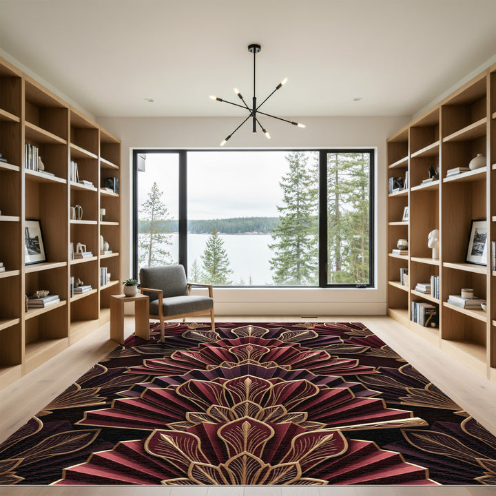 Art Deco Burgundy Gold Fan Rug